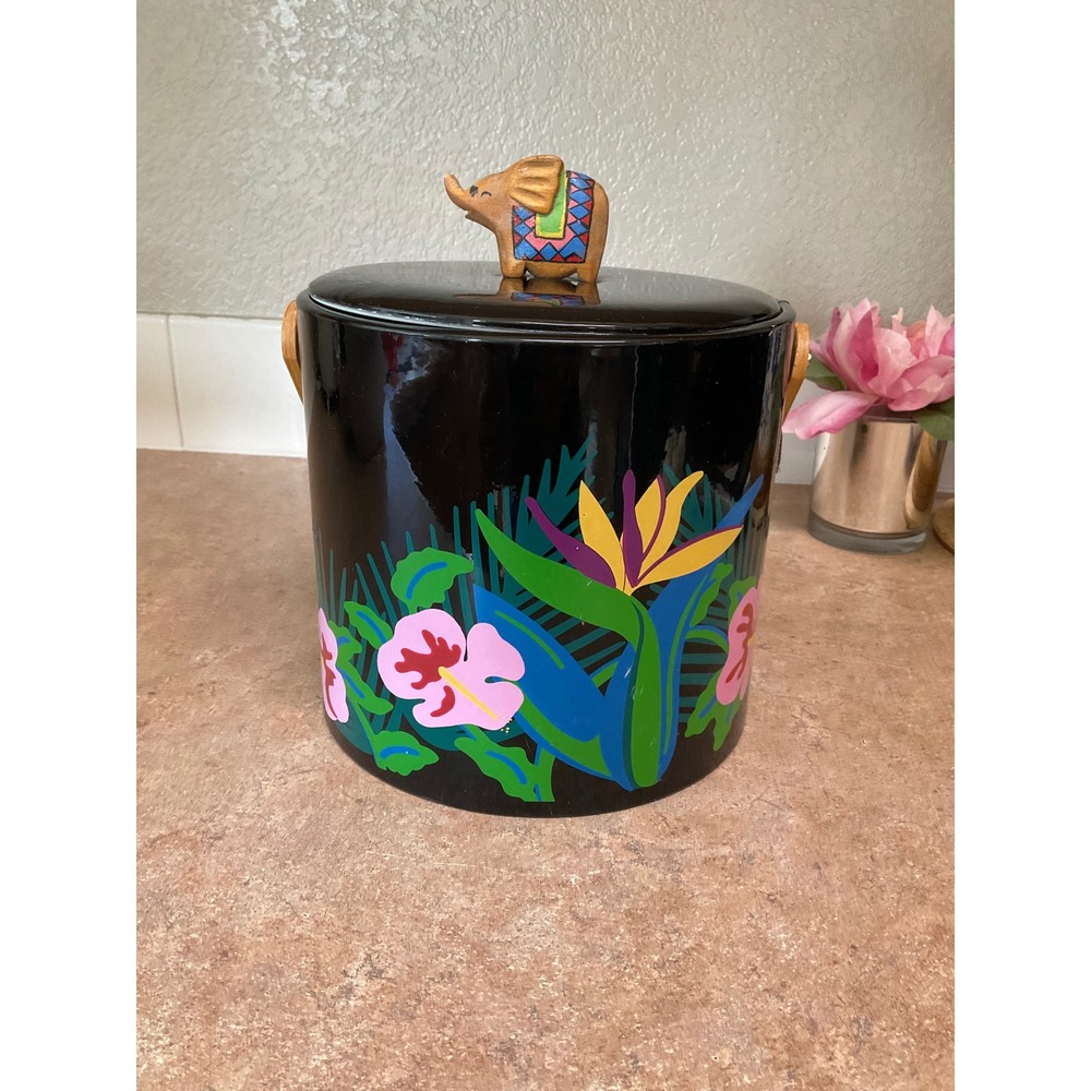 George briard Tropical Floral Ice Bucket with Hand Painted Wooden Elephant Lid